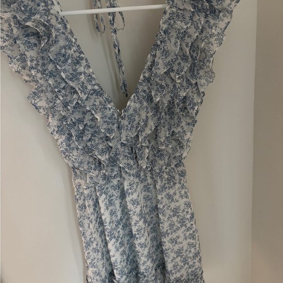 Blue and White Floral Dress with Ruffles & V-cut Back - Picture 3 of 4